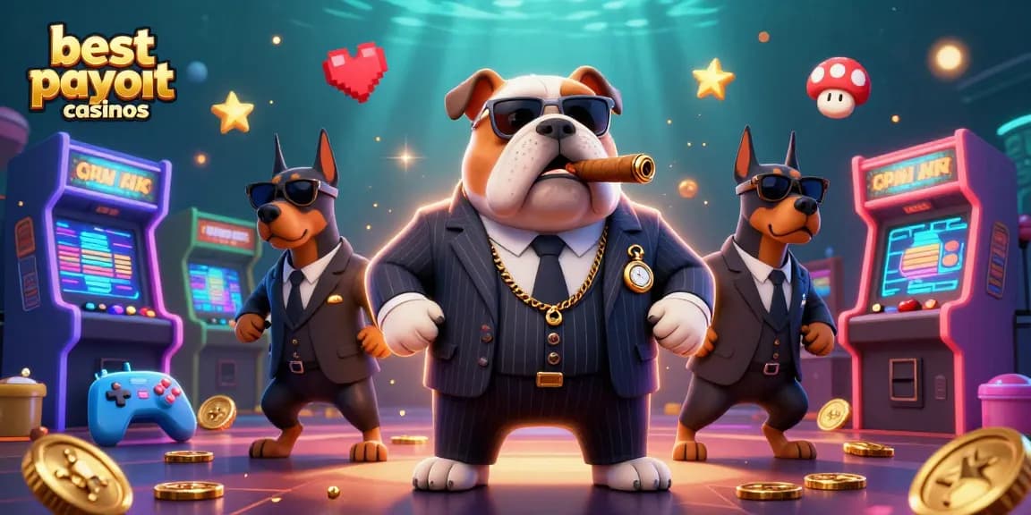Experience the excitement of the best payout casinos with a mafia boss bulldog in a vibrant casino environment.