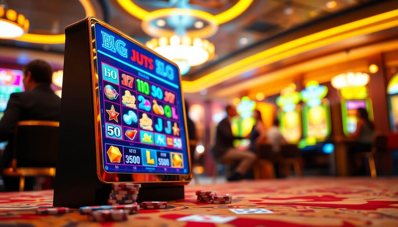 Mainkan slot apk dengan mesin modern di kasino yang ramai dan penuh warna.