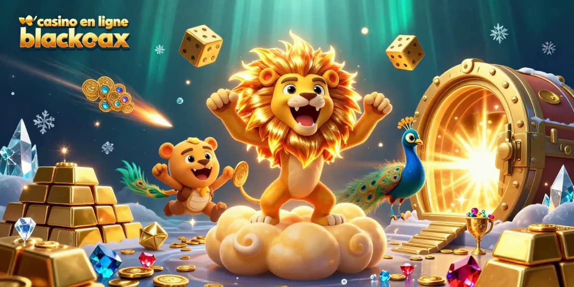 Découvrez une scène captivante de casino en ligne blackjack avec un lion flamboyant aux couleurs solaires, des dés dorés, et des trésors éclatants.