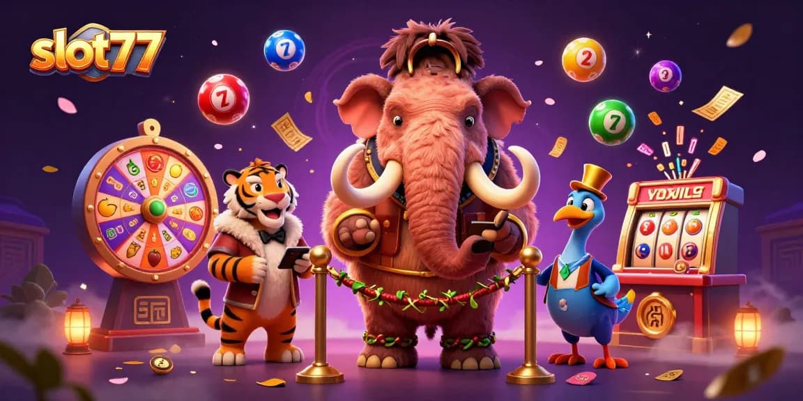 Enter the thrilling world of slot77 with vibrant casino characters and dynamic gambling elements.