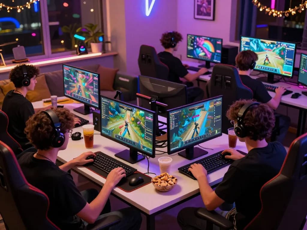 Players enjoying go88 online gaming competition in a vibrant, cozy atmosphere with colorful screens and snacks.
