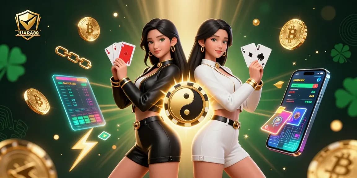 Experience the excitement of JUARA88 with stunning 3D casino-themed artwork featuring dual casino card players.
