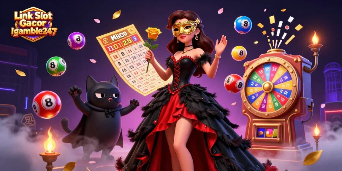 Experience the thrill with Link Slot Gacor Igamble247, featuring vibrant gambling elements in a captivating scene.