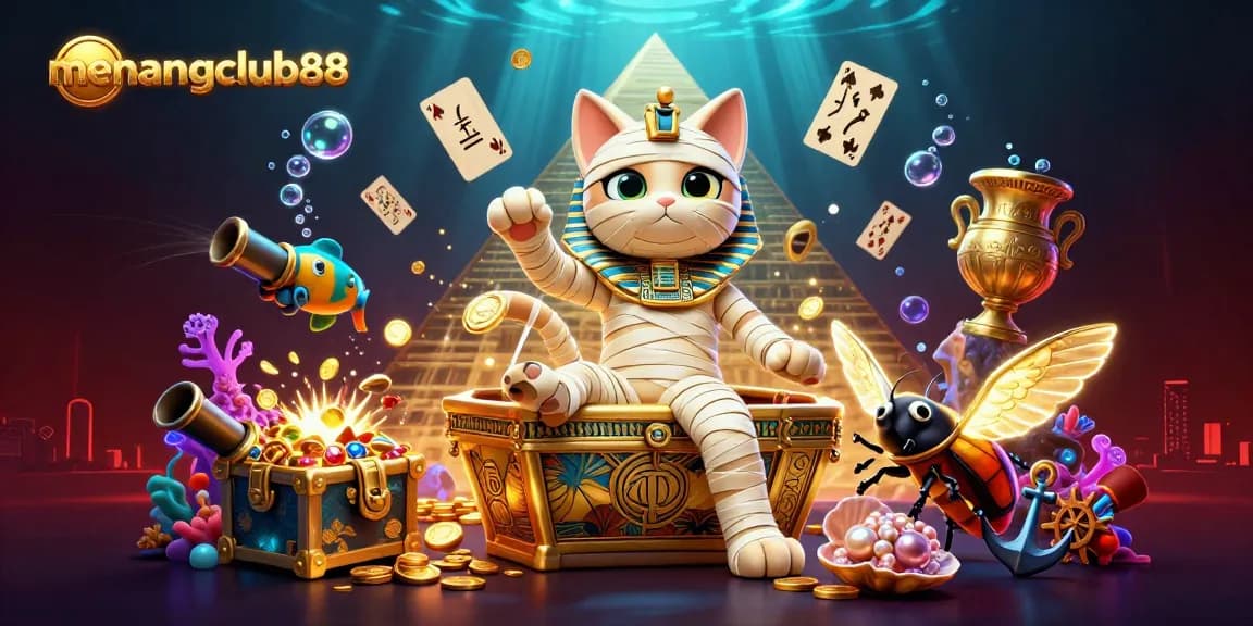 Experience vibrant gaming action at menangclub88 with a unique Egyptian-themed casino illustration.