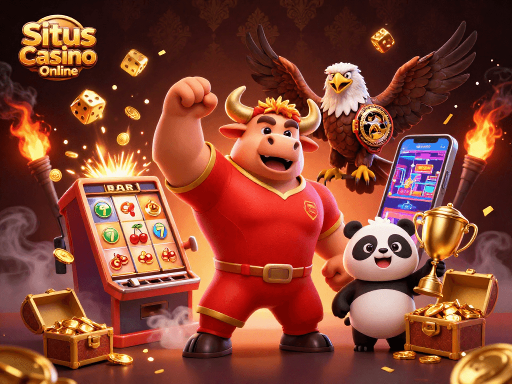 Situs Casino Online features an energetic scene with a 3D bull, eagle, and panda celebrating gaming wins.