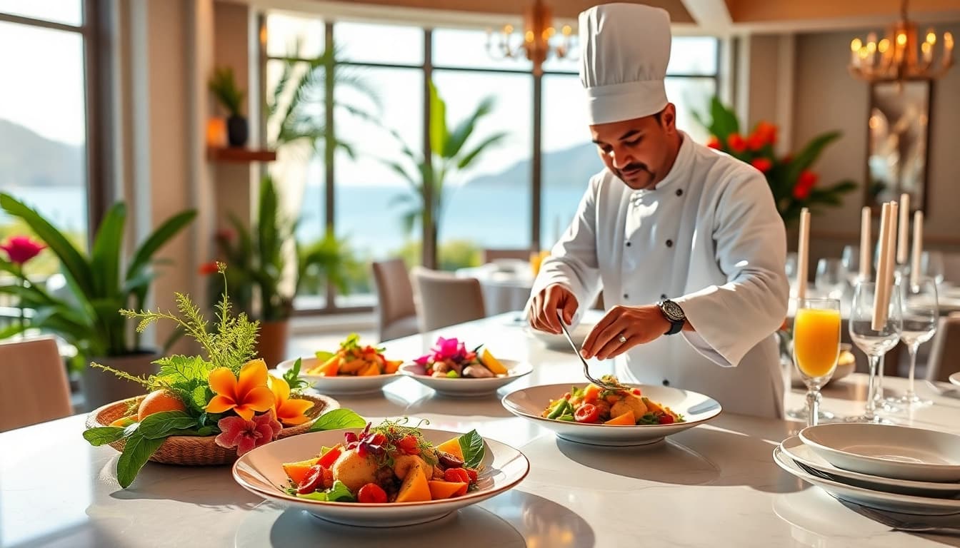 St Martin Private Chef skillfully plating a gourmet dish in a luxurious villa setting.