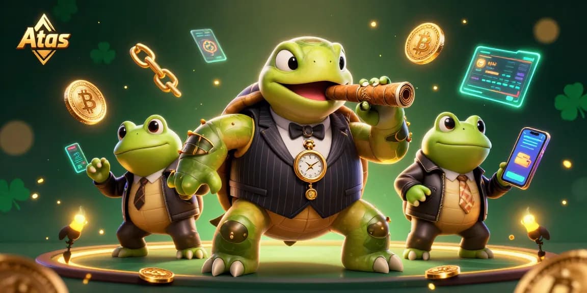 Engage with the Atas casino adventure through a vibrant scene of a snapping turtle in a mobster suit surrounded by gaming elements.