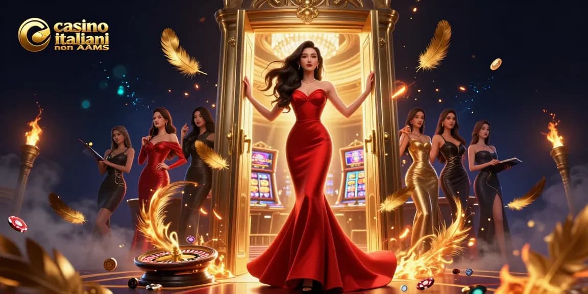 Vivete l'emozione con i casino italiani non AAMS mentre una donna asiatica in un abito glamour accoglie gli ospiti in un casino VIP.