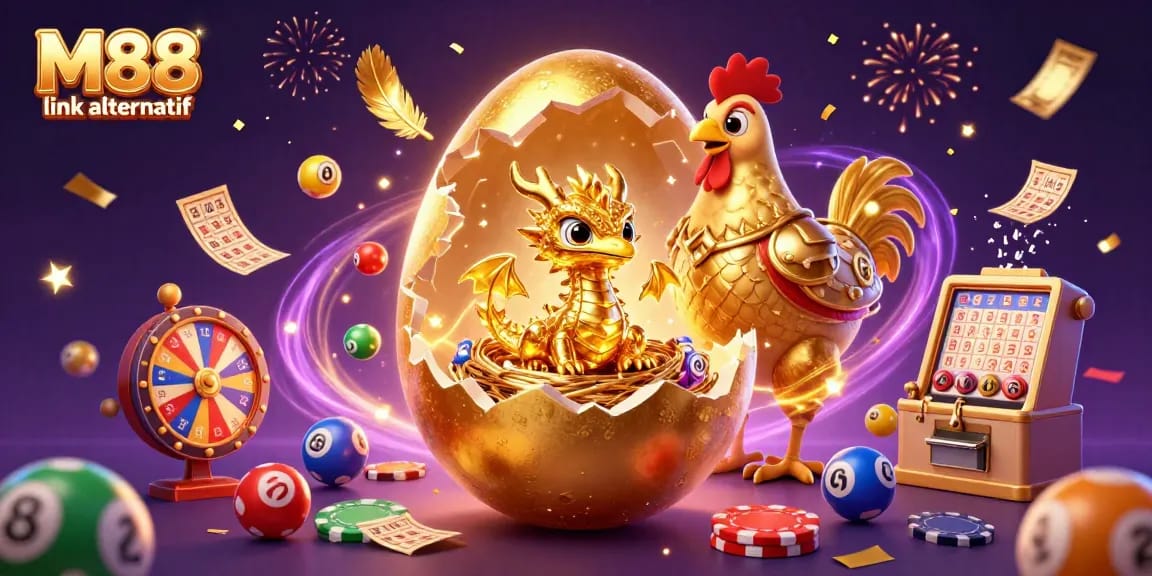 M88 link alternatif showcases a gold dragon on poker chips, with vibrant gaming elements and a magical atmosphere.