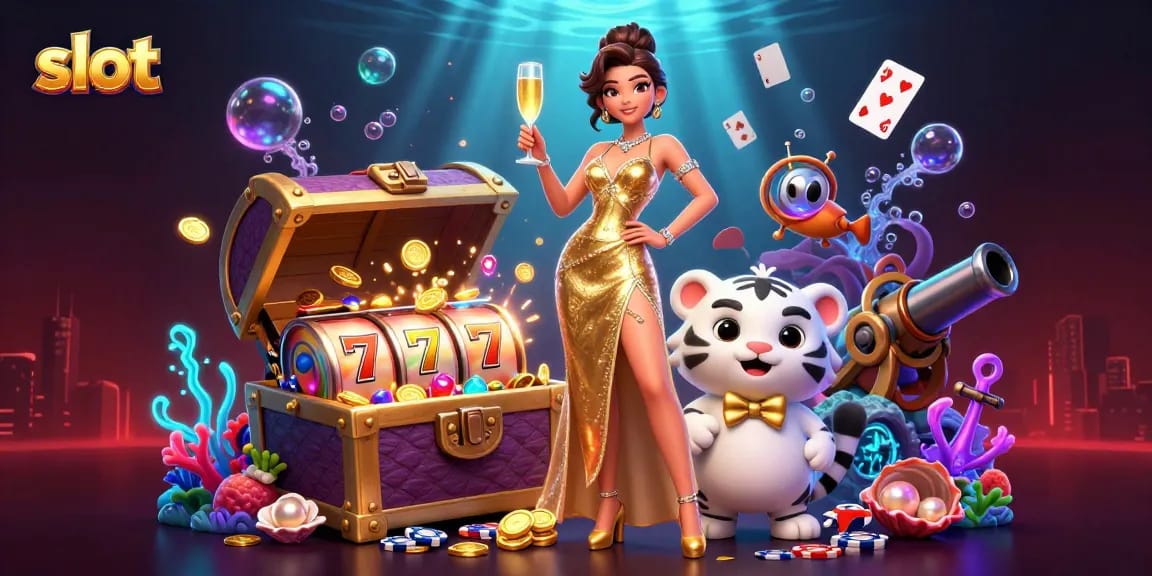 Experience thrilling slot games with a glamorous character celebrating wins and excitement in a casino.