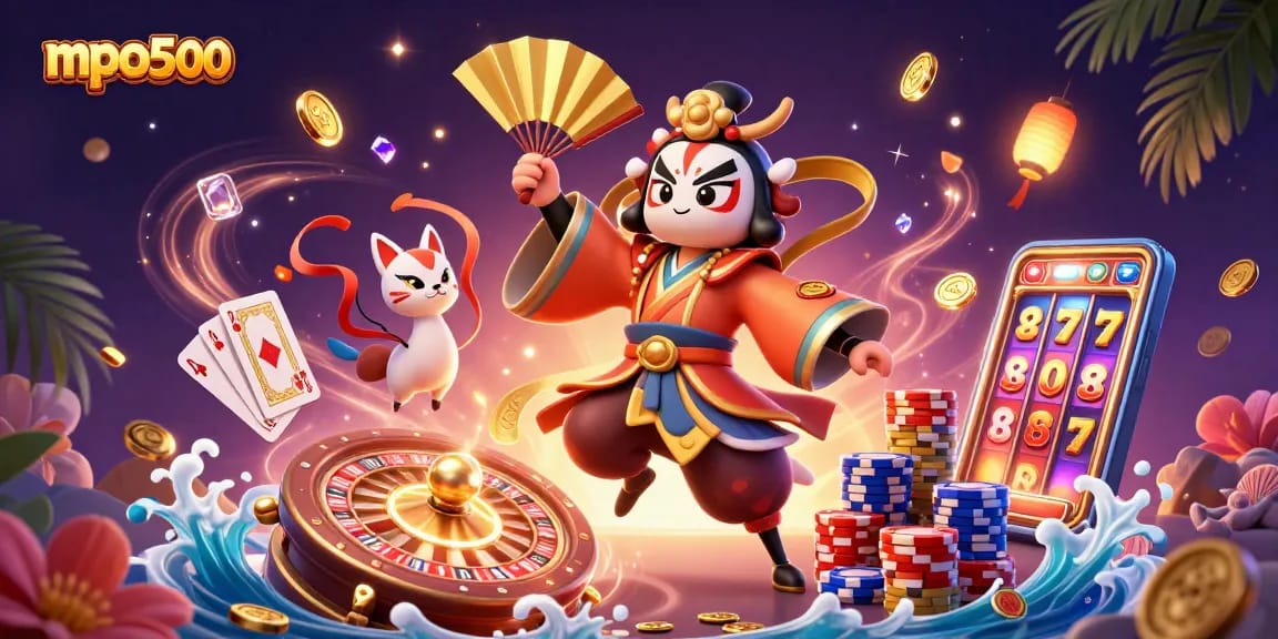 Spin and win with mpo500 featuring vibrant characters and casino elements in a dazzling scene.