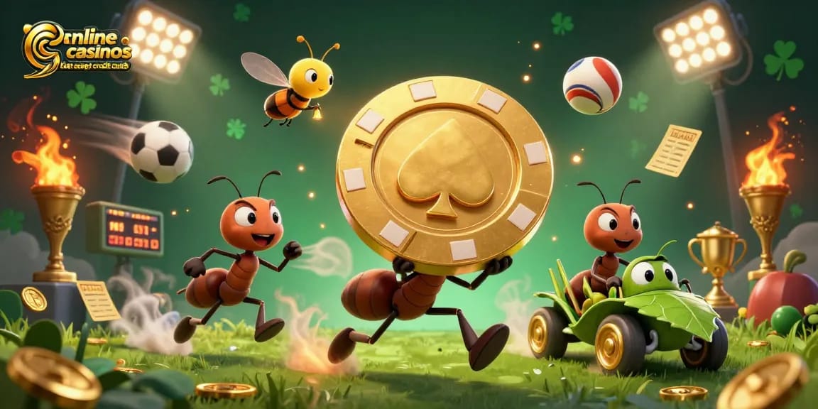 Engaging scene showcasing a team of ants carrying a giant poker chip at online casinos that accept credit cards, surrounded by vibrant casino elements.