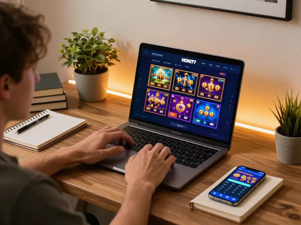 Permainan yang menarik di link HOKI77 di laptop, menampilkan slot RTP yang cerah untuk perjudian online yang strategis