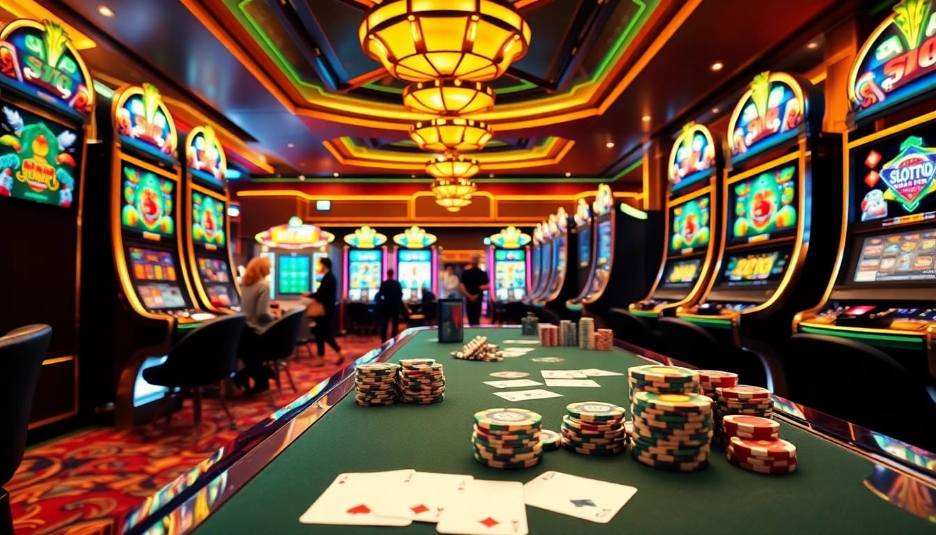 Gamblers enjoying an exciting gameplay session at Slot777 with vibrant slot machines and poker chips.