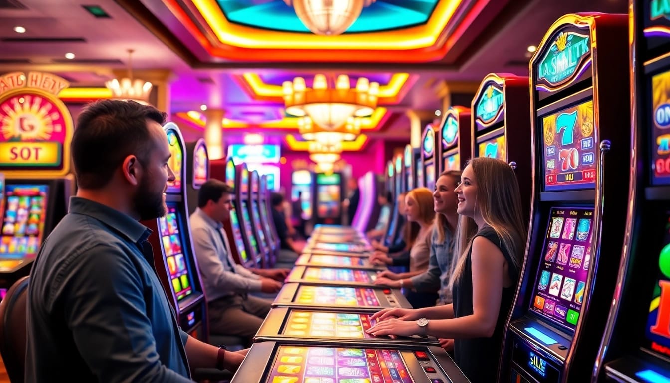 Bermain slot apk di kasino yang ramai dengan pemain penuh semangat dan mesin yang berkilauan.