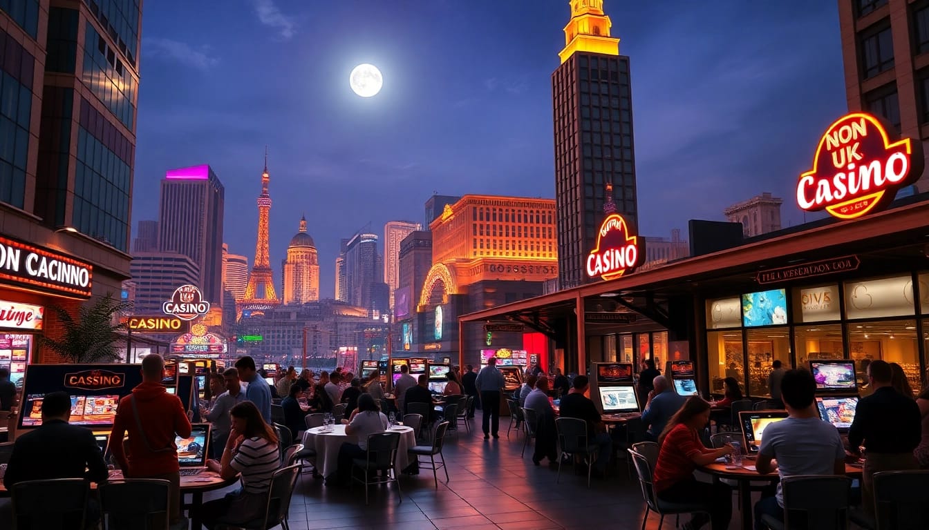 Explore vibrant ambiance of Non Uk Casino with diverse players enjoying various games.