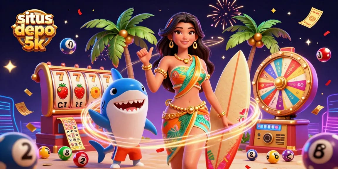 Experience the excitement of situs depo 5k with vibrant slot reels, colorful lottery balls, and festive characters.