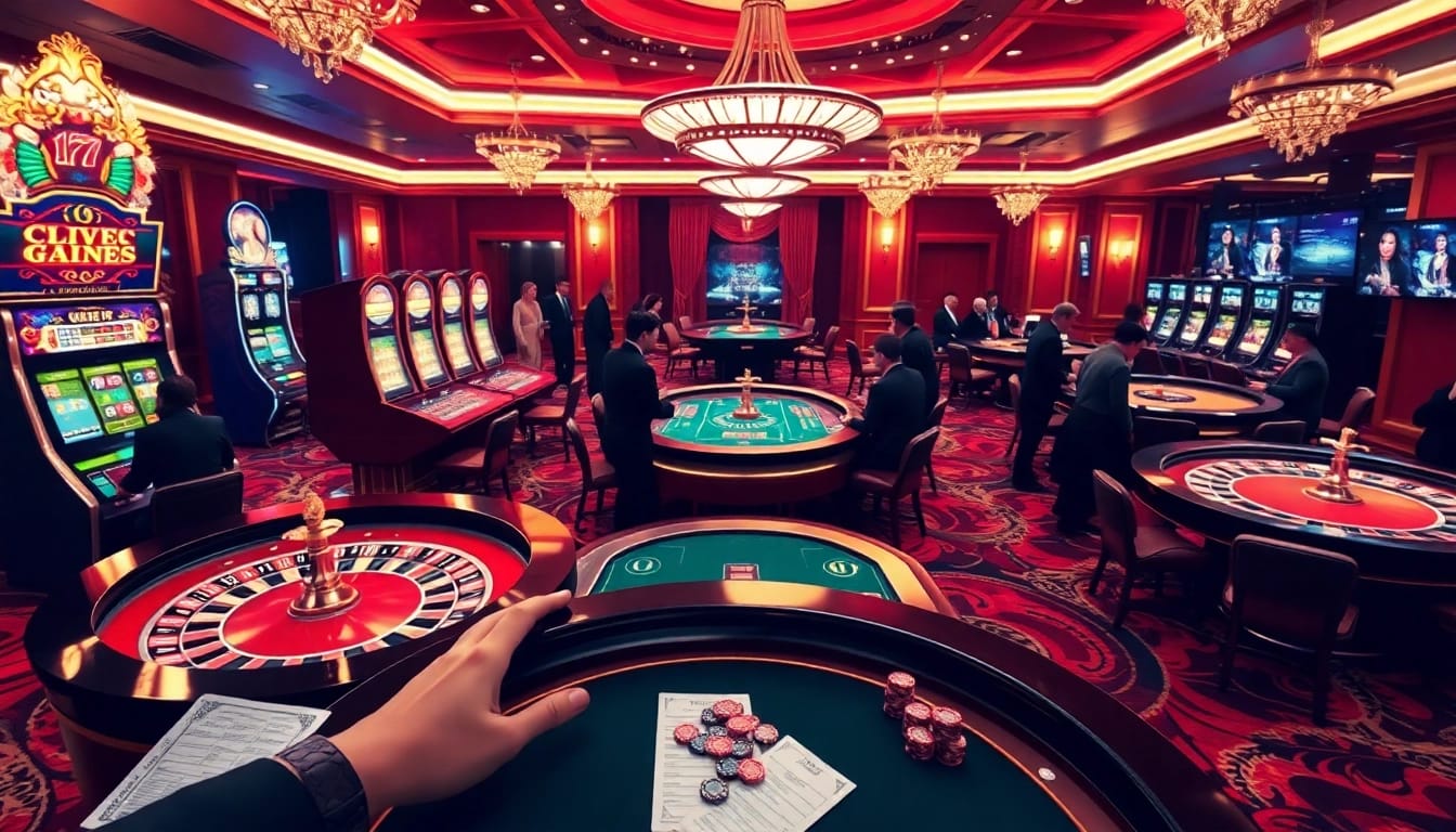 Des joueurs engagés profitent de l'atmosphère de casino en ligne France avec des tables de poker, des roues de roulette et des machines à sous.