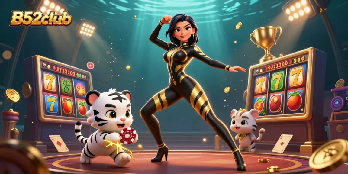 B52club offers captivating slot games featuring a dynamic scene with rich 3D visuals and engaging casino elements.