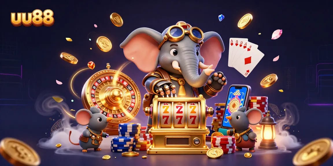 Play a winning hand at uu88 with our interactive steampunk casino scene featuring a golden slot machine.