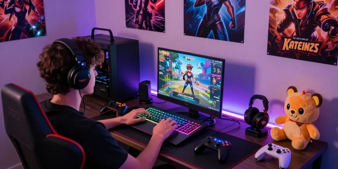Playing free porn games in a colorful gaming room with LED lights and gaming accessories.