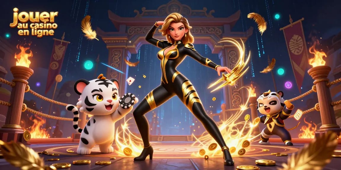 Participez à l'excitation de jouer au casino en ligne avec une magnifique illustration 3D d'une femme et d'un tigre.