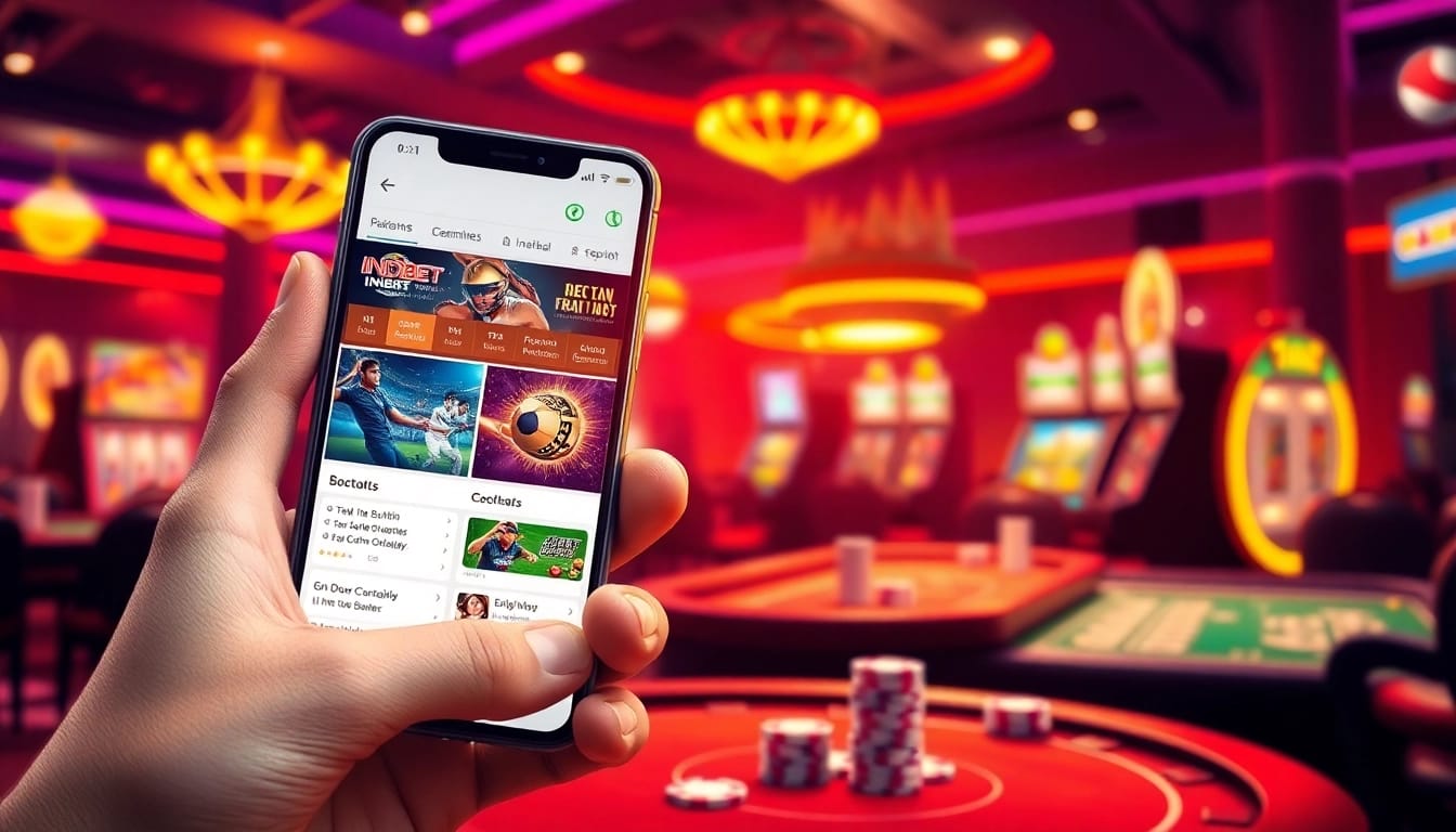 Experience the thrill of betting with the indibet.com app on a vibrant smartphone screen in a casino setting.