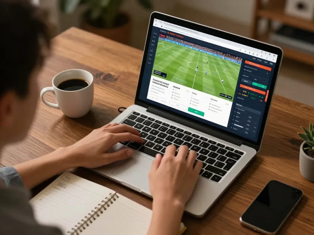 Person engaged in online betting using laptop while analyzing soi keo nha cai statistics at home.