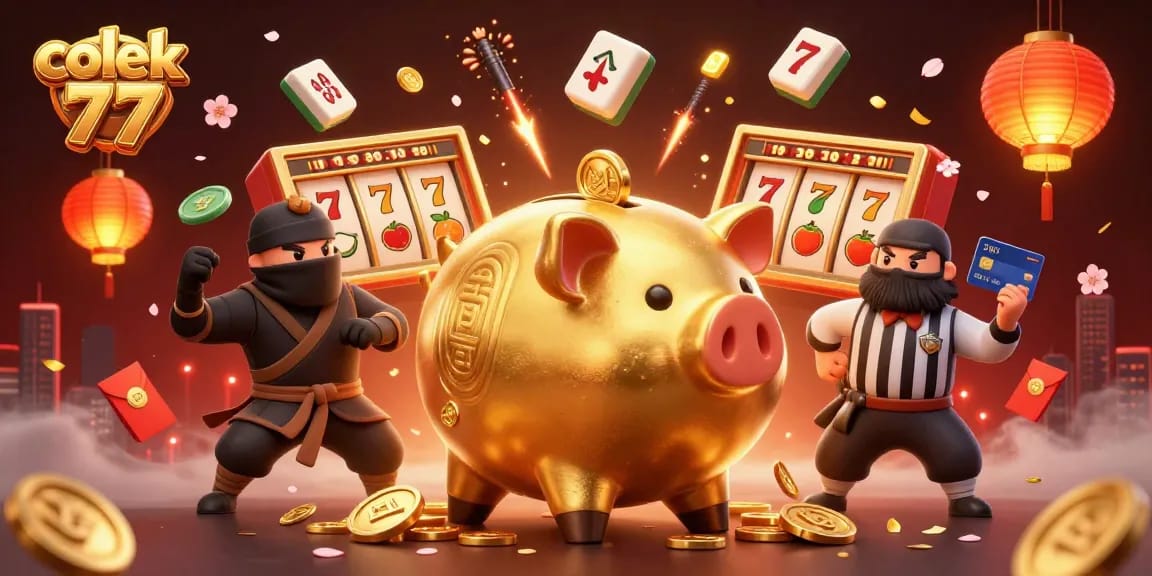 Engage in epic gaming battles with colek 77 featuring a golden piggy bank sumo wrestler, action-packed scene.