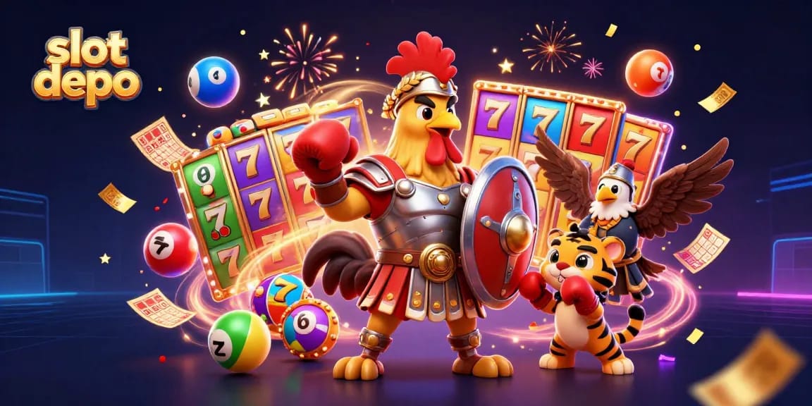 Experience the exciting slot depo adventure with colorful games and bonuses in this dynamic scene.