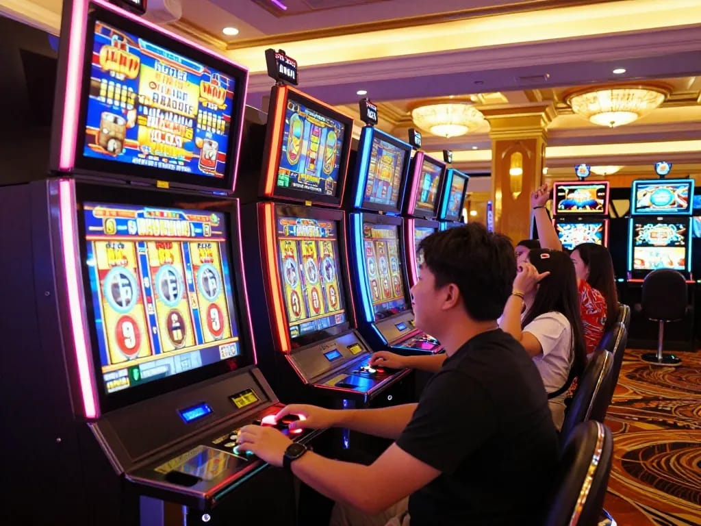 Engaged player activating a slot server kamboja machine at a colorful casino.