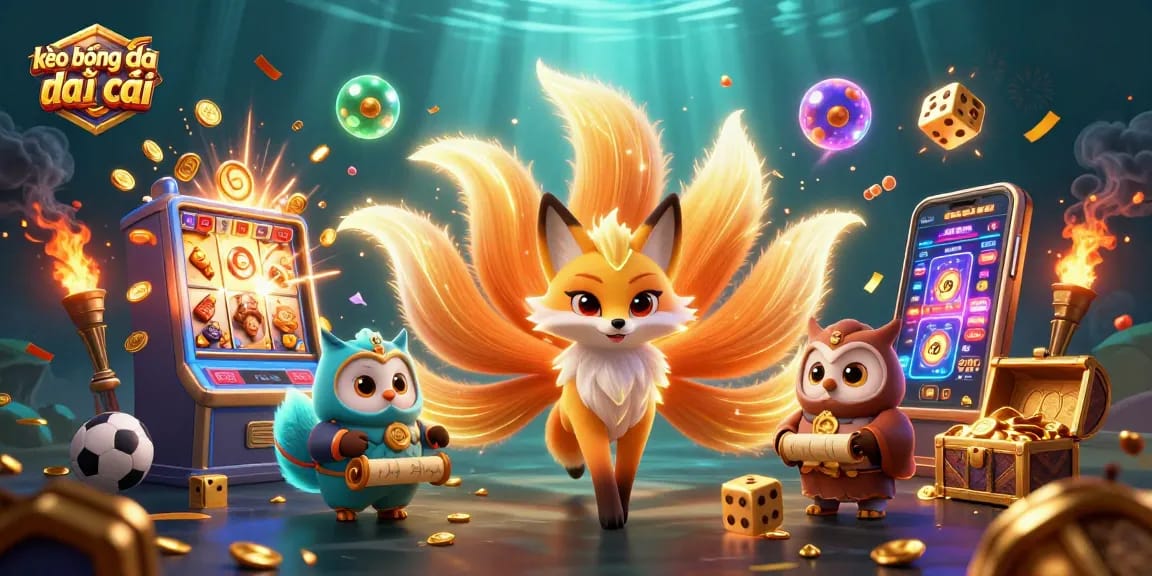 Engage with kèo bóng đá nhà cái in this vibrant illustration featuring a fox spirit, owl sage, and dynamic gaming elements.