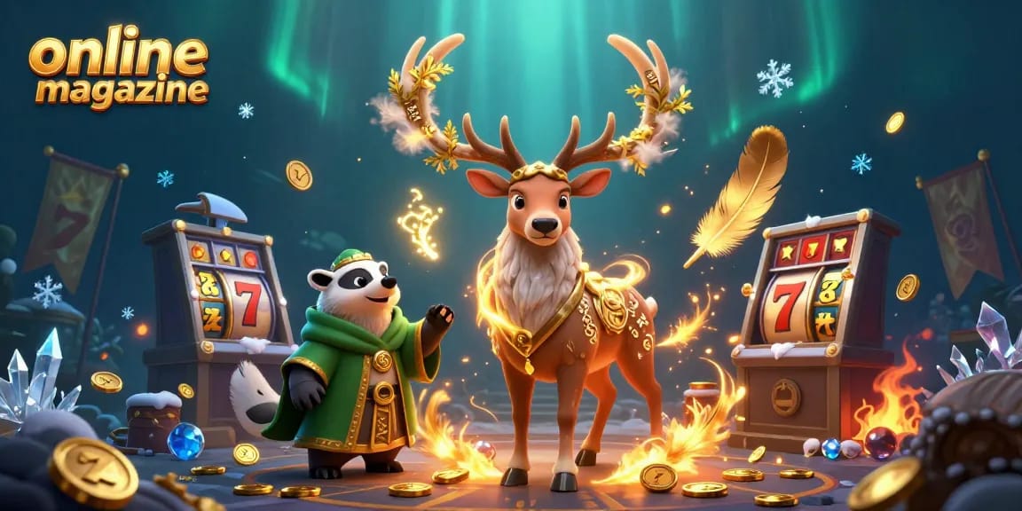 Engage with the colorful online magazine showcasing enticing casino elements and a whimsical druid scene.