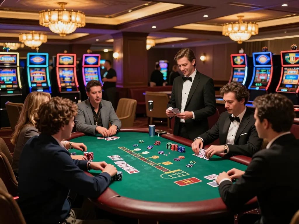 shbet players enjoying a thrilling blackjack game at an upscale casino with vibrant atmosphere.