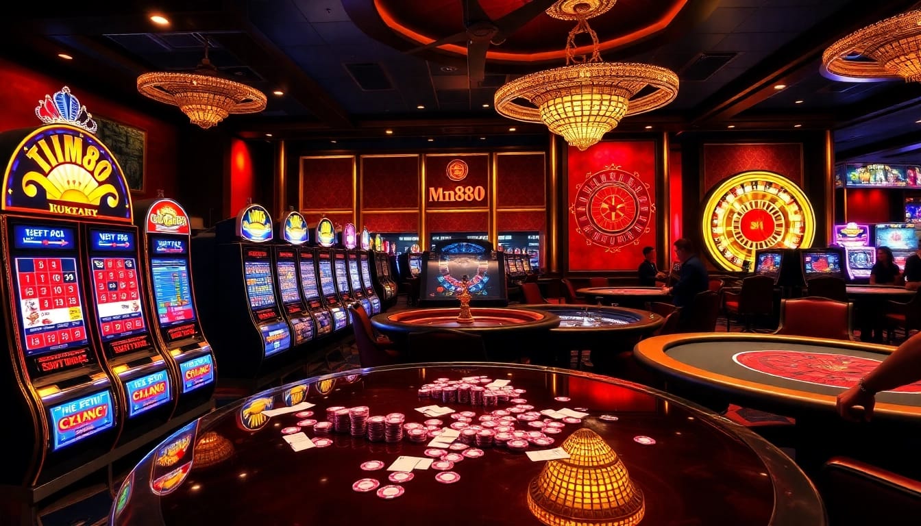 mm88 players celebrating a win at a luxurious casino table surrounded by vibrant slot machines.