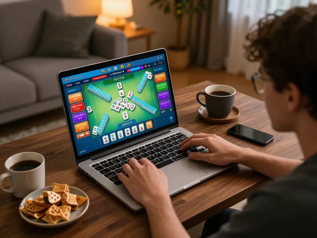 Engaging in a Mahjong gaming session on a laptop in a cozy home setting