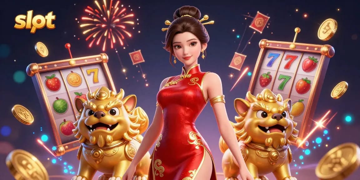 Spin slot reels with lucky symbols alongside a glamorous woman and golden foo dogs in a vibrant scene.