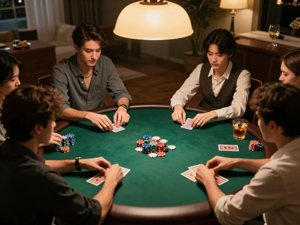 Bersahabat menikmati malam poker dengan chip dan kartu di meja bulat dalam suasana yang nyaman dan terang hangat.