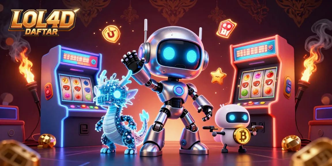 Menang bersama LOL4D DAFTAR, robot cyberpunk dan naga holografis di kasino digital.