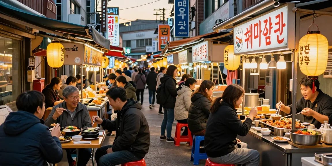 Experience the vibrant atmosphere at 상봉동 한국관 street food market featuring authentic Korean dishes.