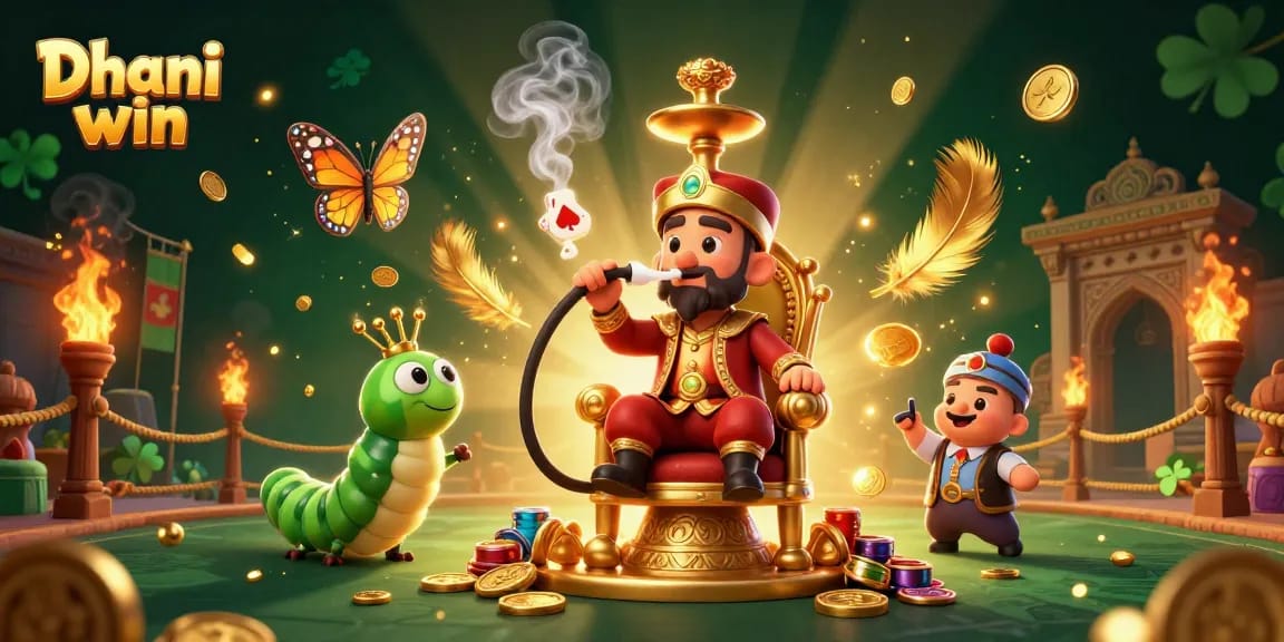 Dhani win depicts a vibrant online gaming scene with a whimsical caterpillar character amidst colorful casino elements.