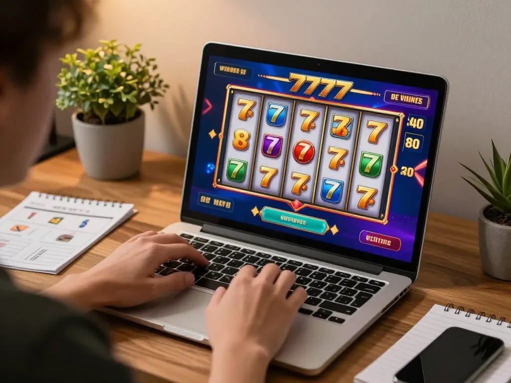 Engaging in slot777 online gameplay on laptop with lively graphics and cozy workspace atmosphere