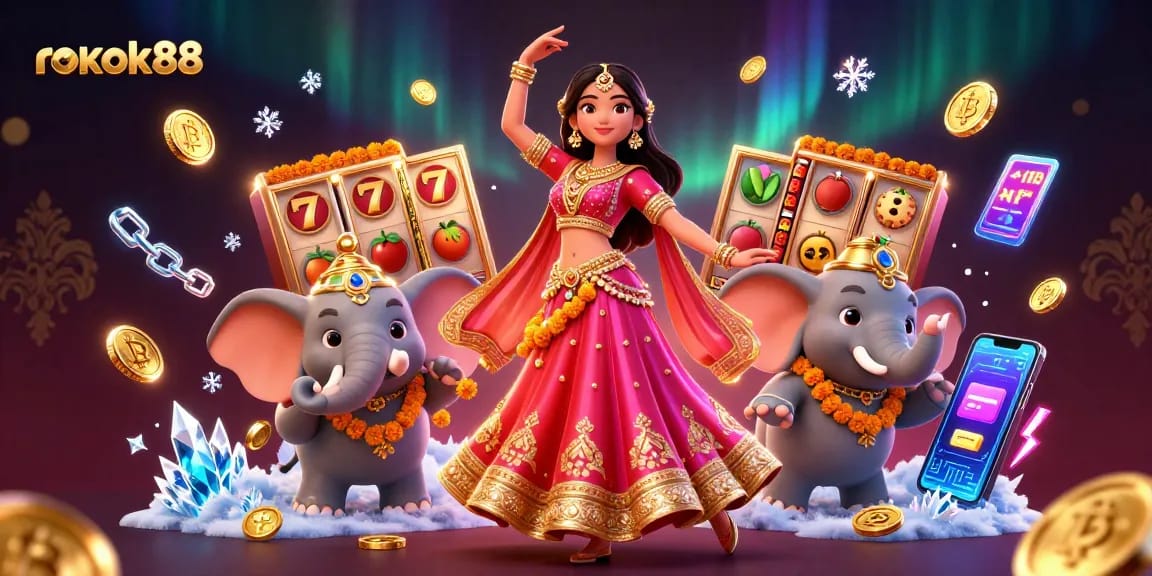 Play thrilling games at rokok88 with vibrant characters and dynamic slot elements against a stunning backdrop.