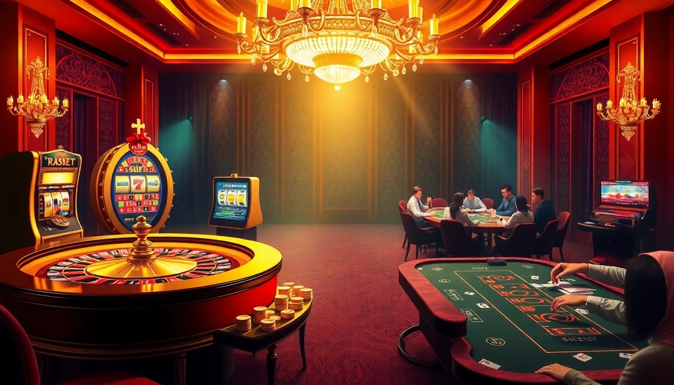 Experience the excitement at Nhà cái F8BET with lively casino tables and vibrant slot machines