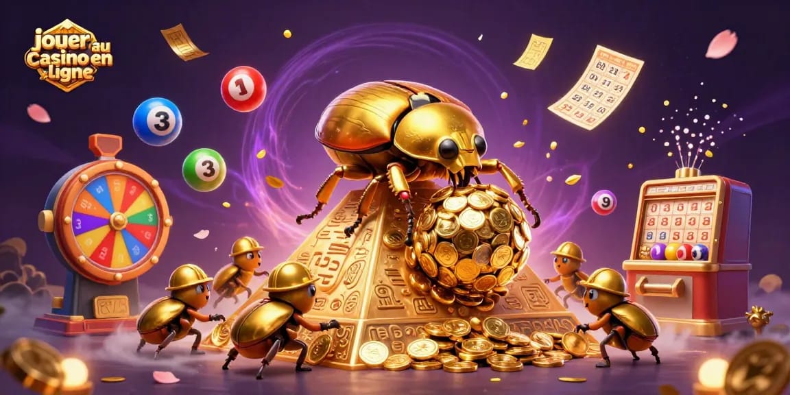 Jouer au casino en ligne avec une illustration colorée de jeux de casino sur fond dynamique.