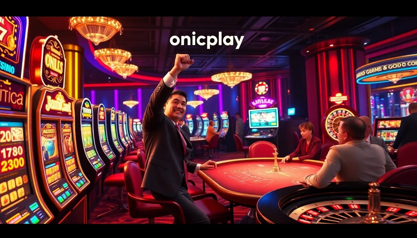 Experience the excitement of onicplay in a vibrant casino environment filled with slot machines and poker tables.
