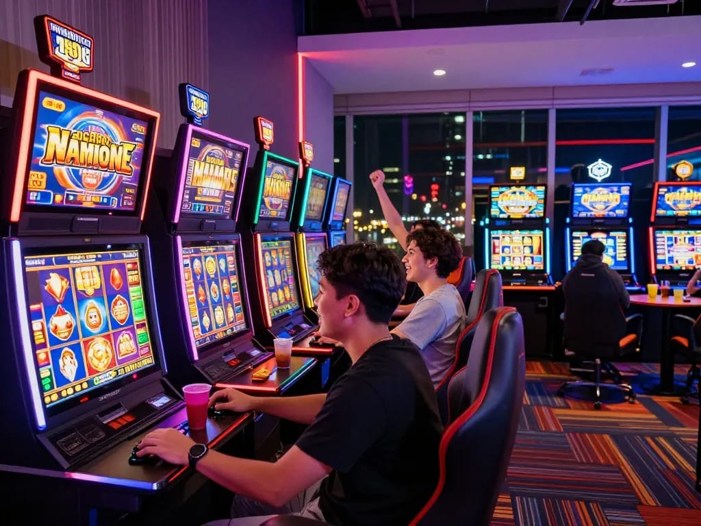 Pengalaman bermain slot gacor yang menarik dengan pemain menikmati mesin yang bercahaya di lounge yang ramai.