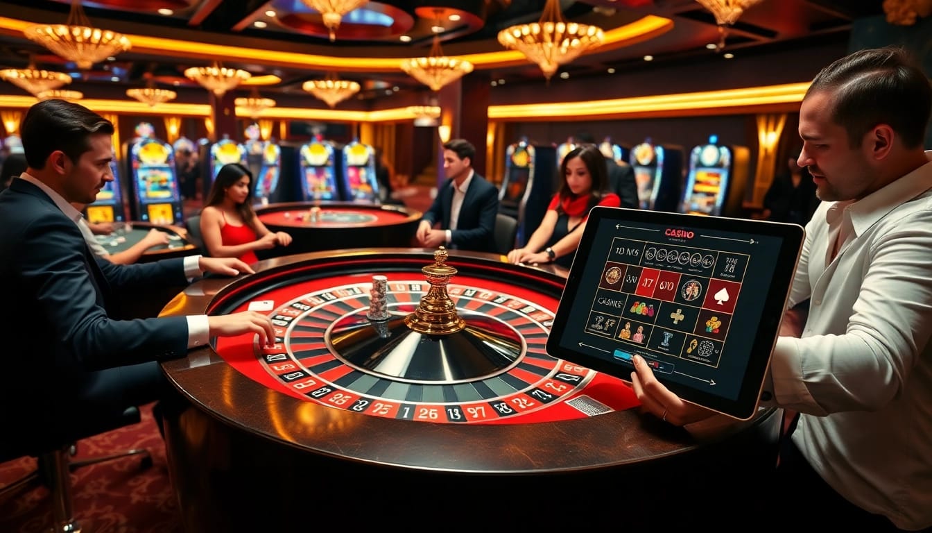 Scène de jeu passionnante représentant le casino en ligne France avec des éléments de roulette, de poker, et de luxe.