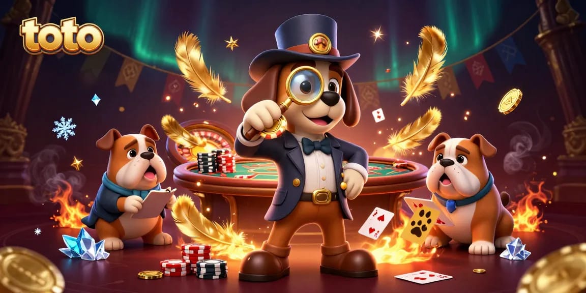 Toto the betting detective examines poker clues with his bulldog companion in a vibrant casino scene