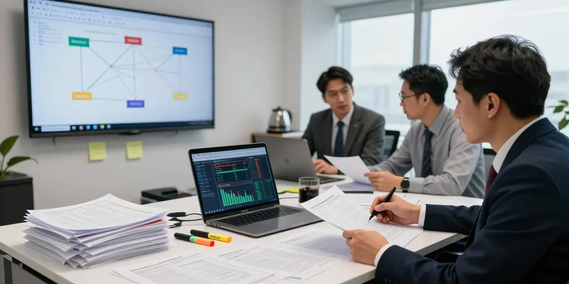 Forensic accountant performing asset tracing in a modern office environment with detailed financial reports and data.
